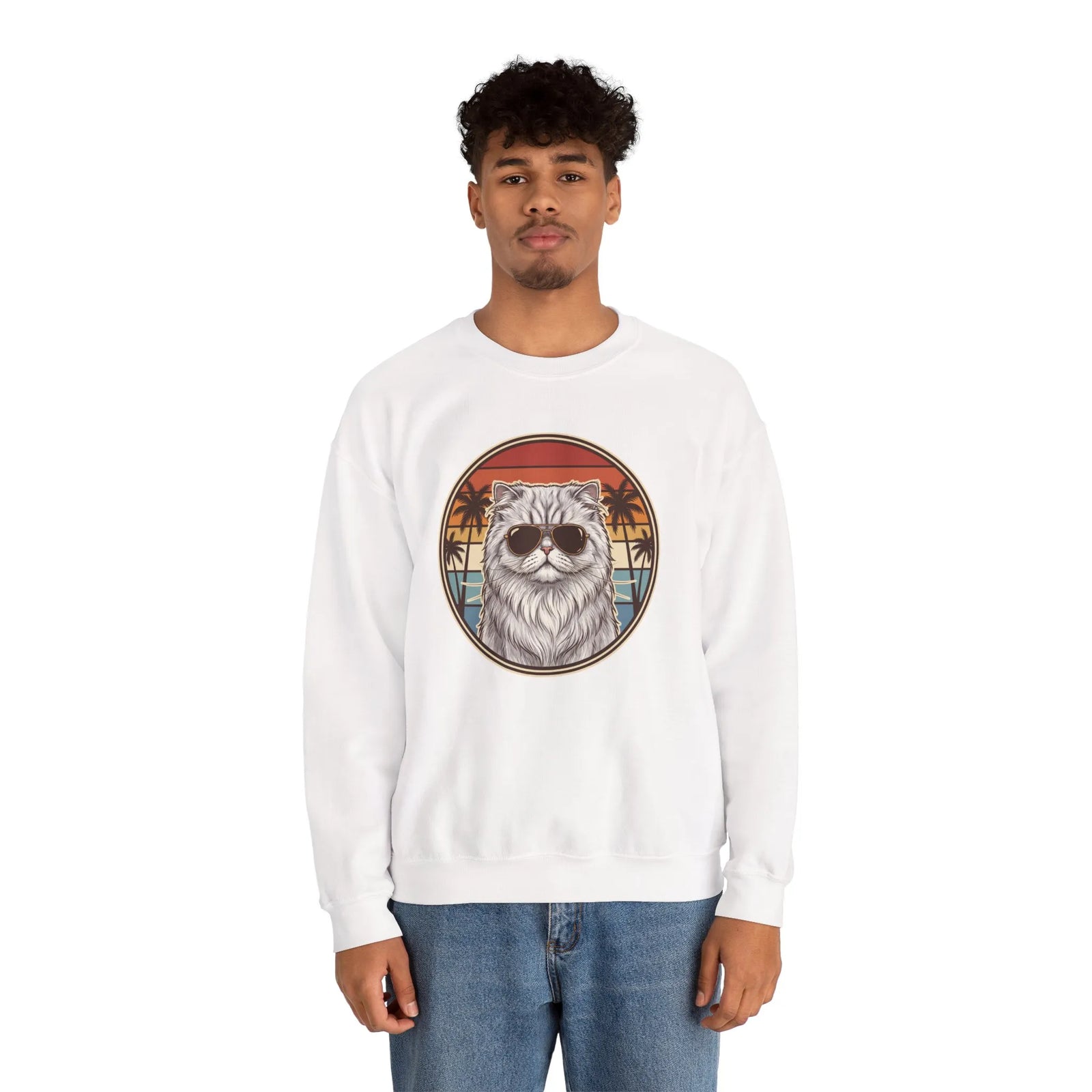 Persian Cool Cat 70s Sunset Aviators Sweatshirt - Heavy Blend Cotton-Poly Crewneck - Unisex White