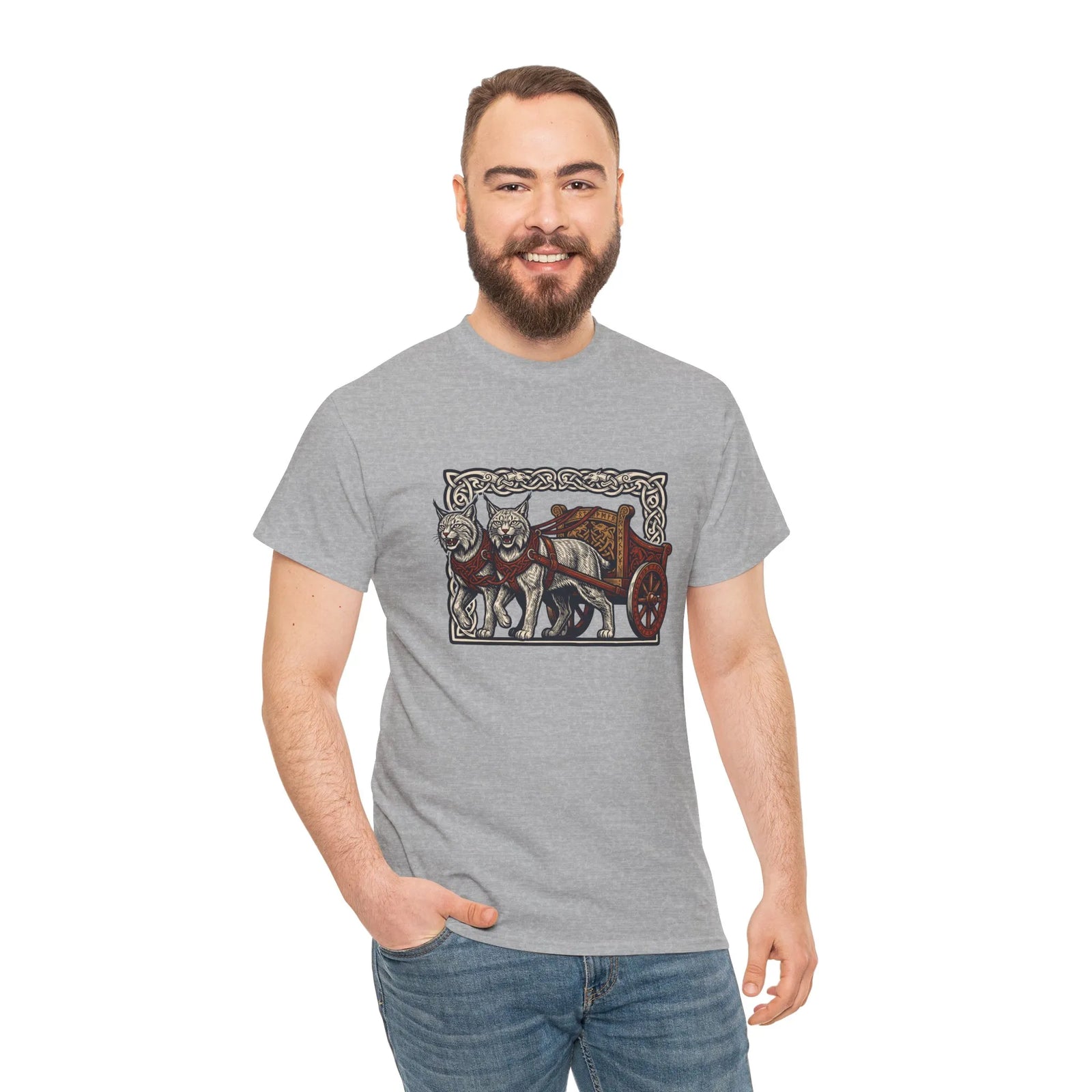 Freyja's Cats Chariot Graphic T-Shirt - Heavy Cotton Classic Fit Tee - Unisex White