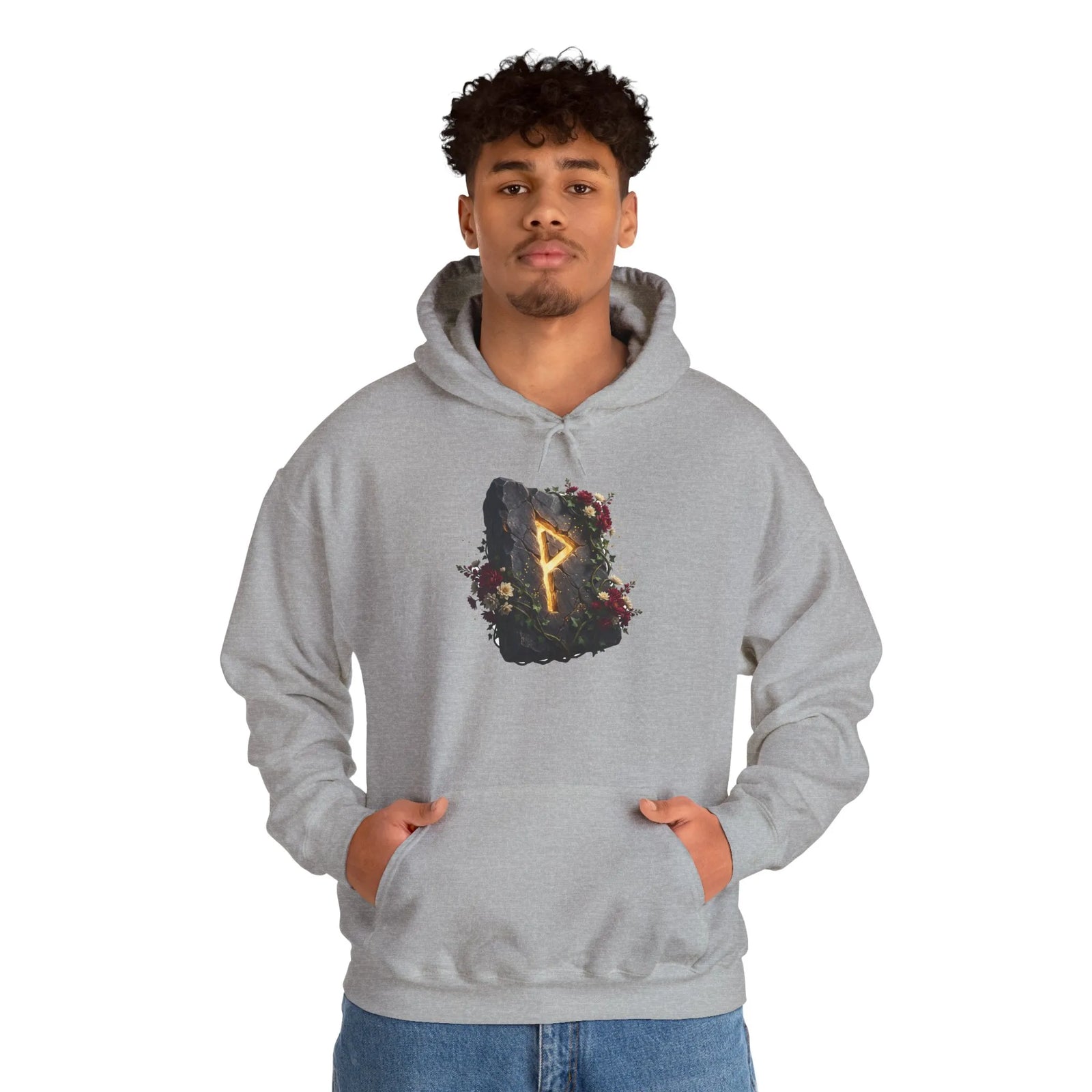 Wunjo Rune Floral Rock Graphic Hoodie - Warm Fleece Pullover Sweatshirt - Unisex White