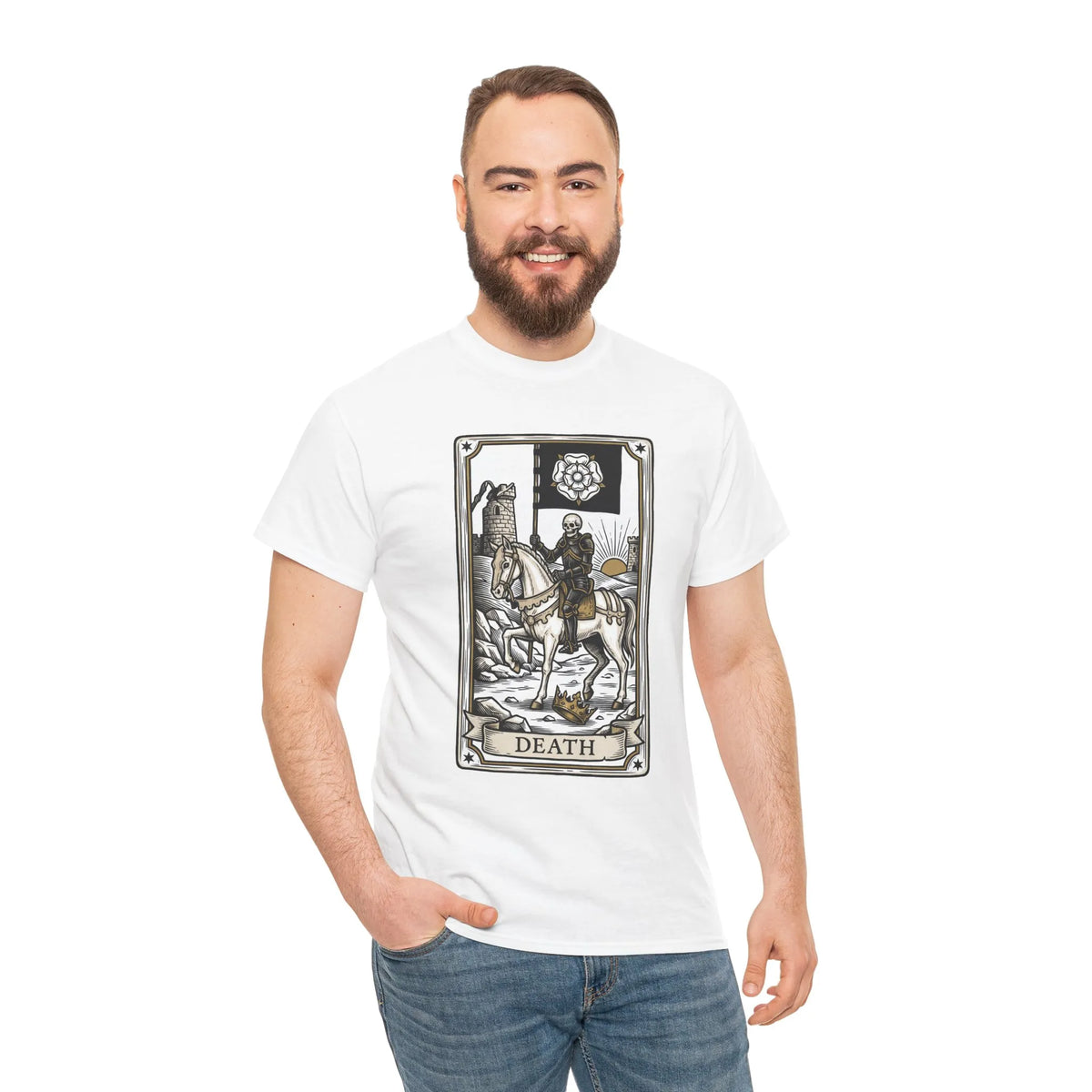 Death Tarot Card Knight Graphic T-Shirt - Heavyweight 100% Cotton Classic Fit Tee - Unisex White