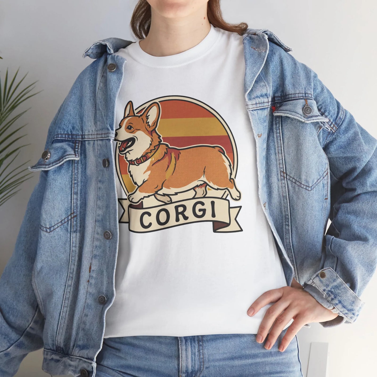 Corgi Retro 70s Sunset T-Shirt - Heavyweight Cotton Classic Fit Tee - Unisex White