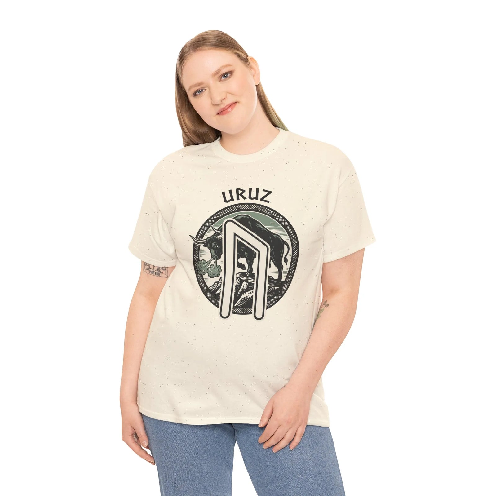 Uruz Runic Bull Graphic T-Shirt - Heavyweight Cotton Classic Fit Tee - Unisex White