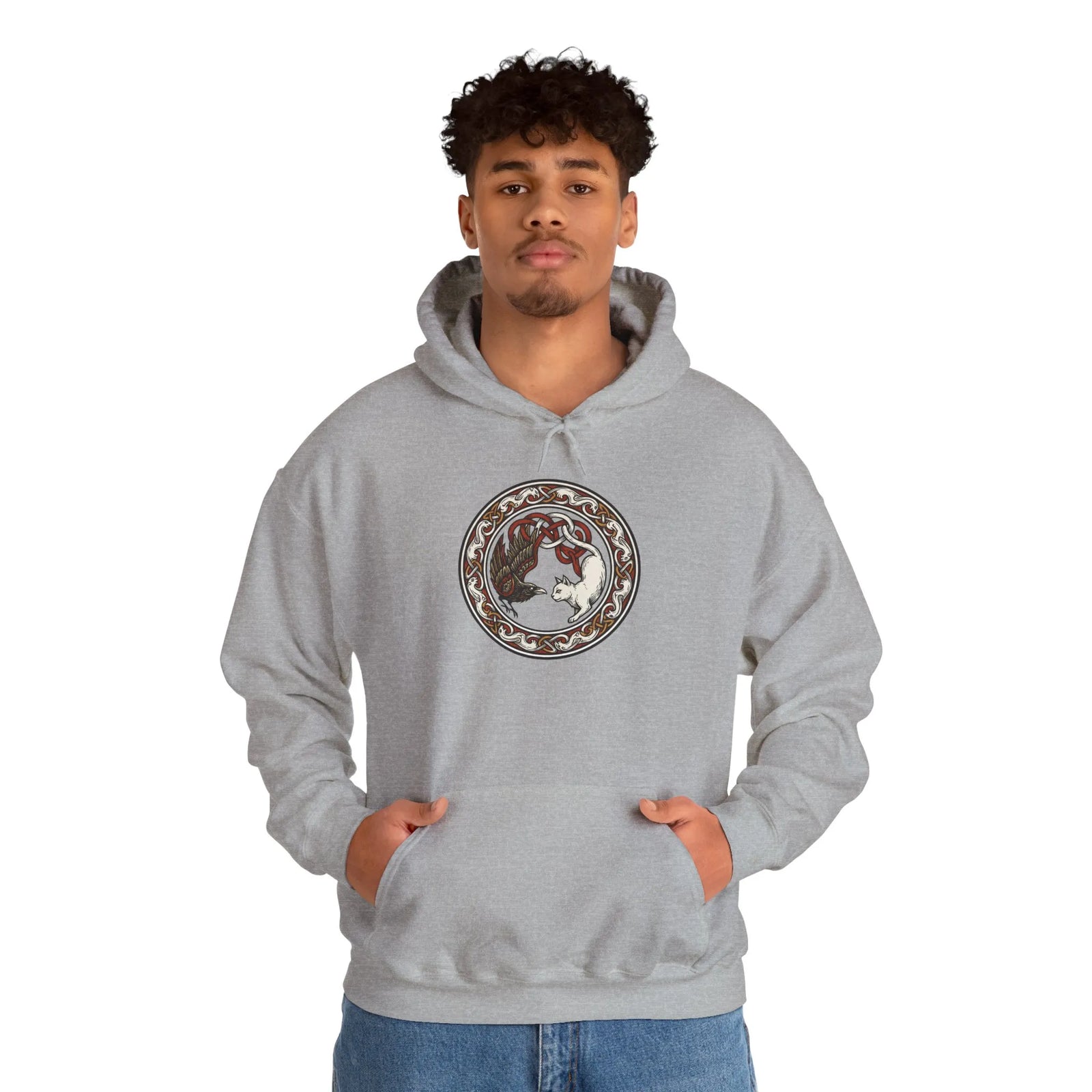 Freyja's Cats & Raven Norse Woodcut Hoodie - Soft Medium-Heavy Blend Pullover - Unisex White