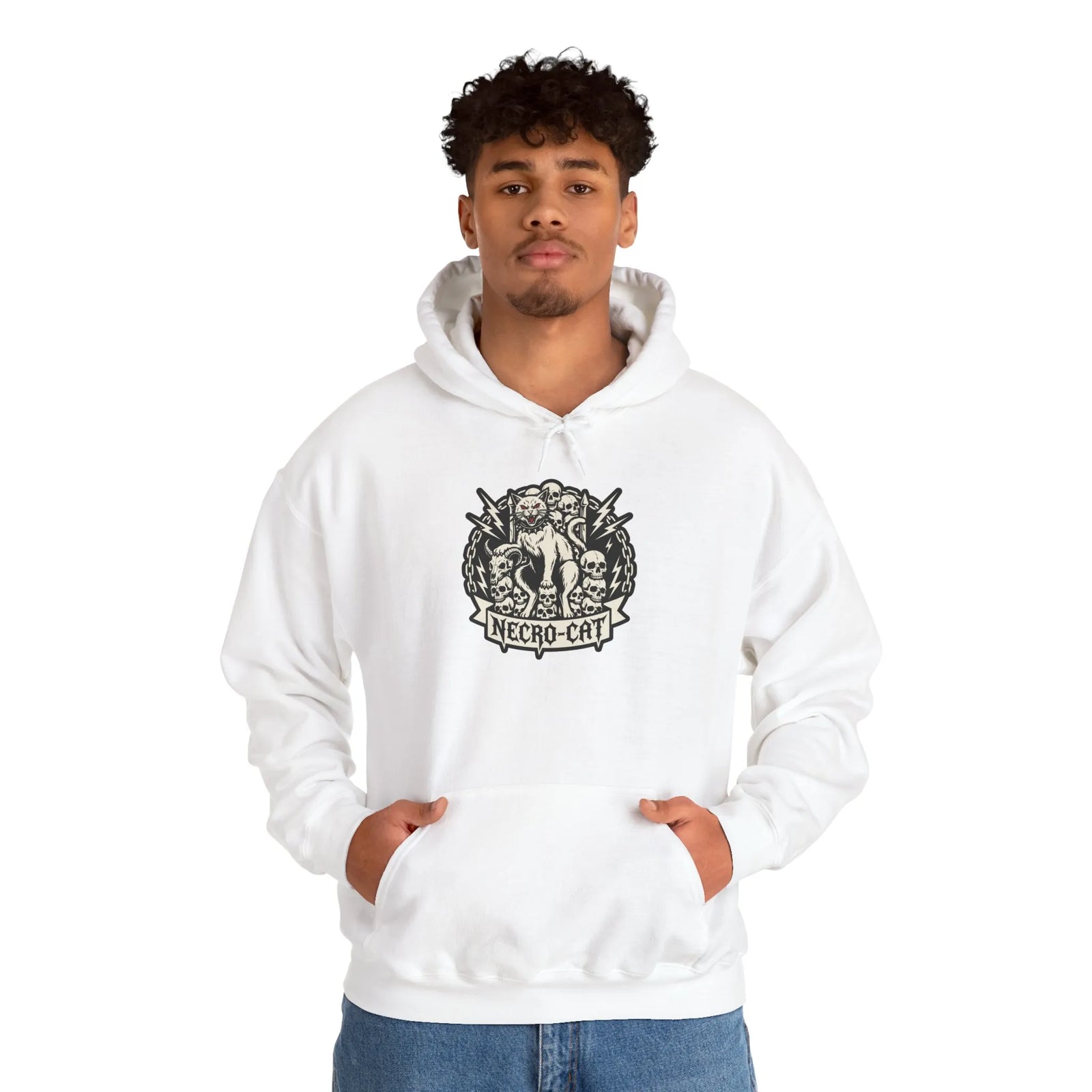 Necro-Cat Skull Throne Graphic Hoodie - Heavyweight Cotton Blend Pullover - Unisex White