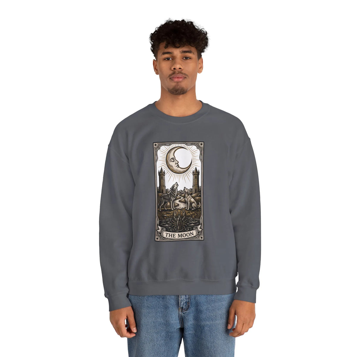Moon Tarot Card Wolves Graphic Sweatshirt - Heavy Blend Fleece Crewneck - Unisex White