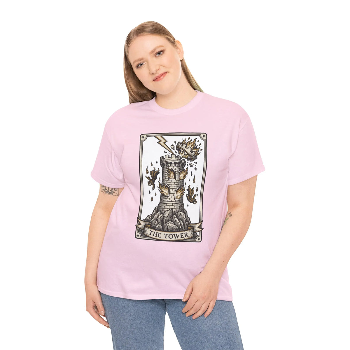 The Tower Tarot Card Graphic T-Shirt - Heavy Cotton Classic Fit Tee - Unisex White
