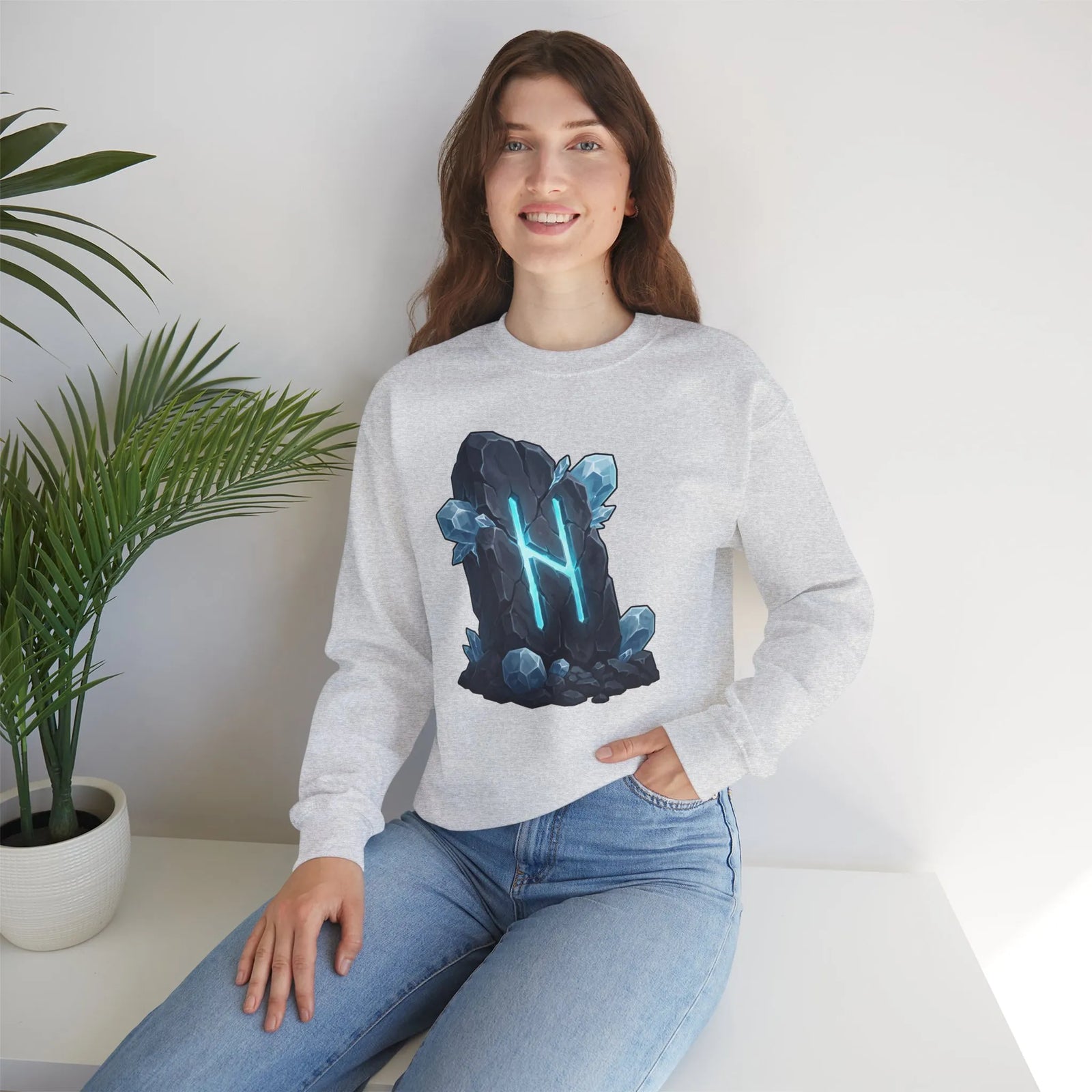 Hagalaz Rune Stone Graphic Sweatshirt - Heavy Blend Fleece Crewneck - Unisex White