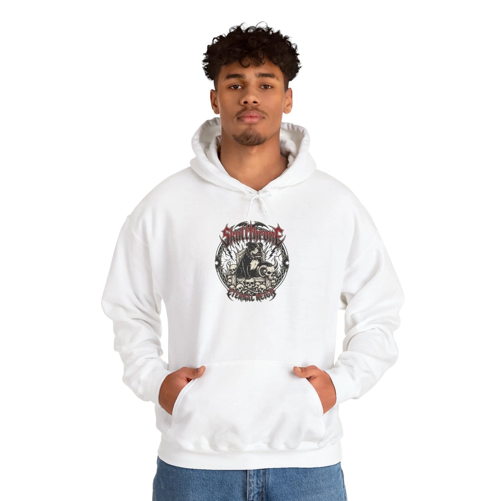Skull Throne Rocker Dogs Graphic Hoodie - Heavy Blend Fleece Pullover - Unisex White