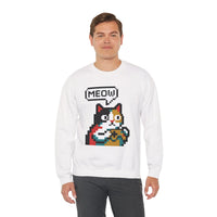 8-Bit Pixel Gaming Cat Sweatshirt - Heavy Blend Crewneck Classic Fit - Unisex White