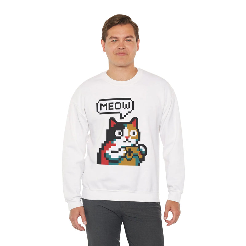 8-Bit Pixel Gaming Cat Sweatshirt - Heavy Blend Crewneck Classic Fit - Unisex White