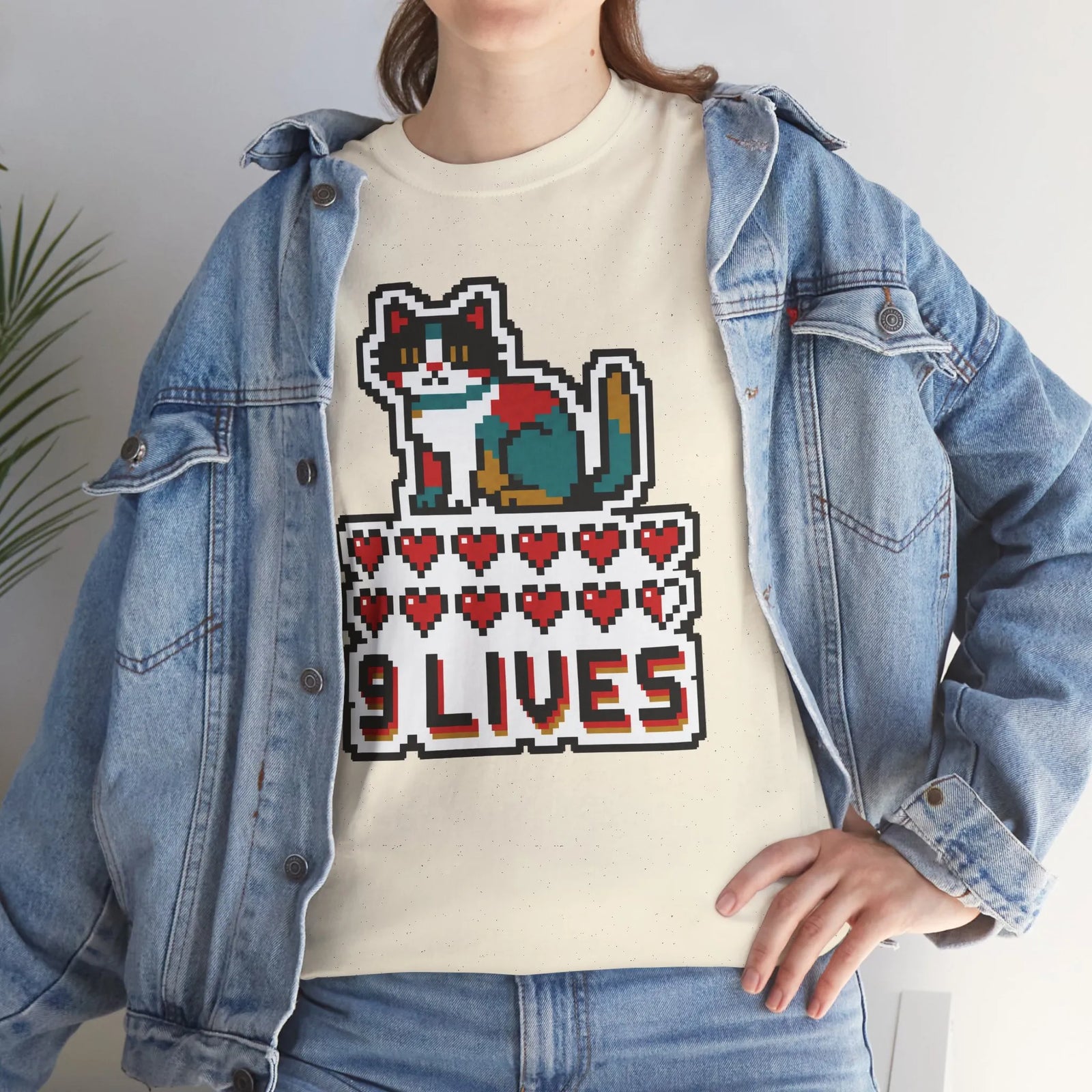 Nine Lives 8-Bit Pixel Gaming Cat T-Shirt - Heavy Cotton Classic Fit - Unisex White