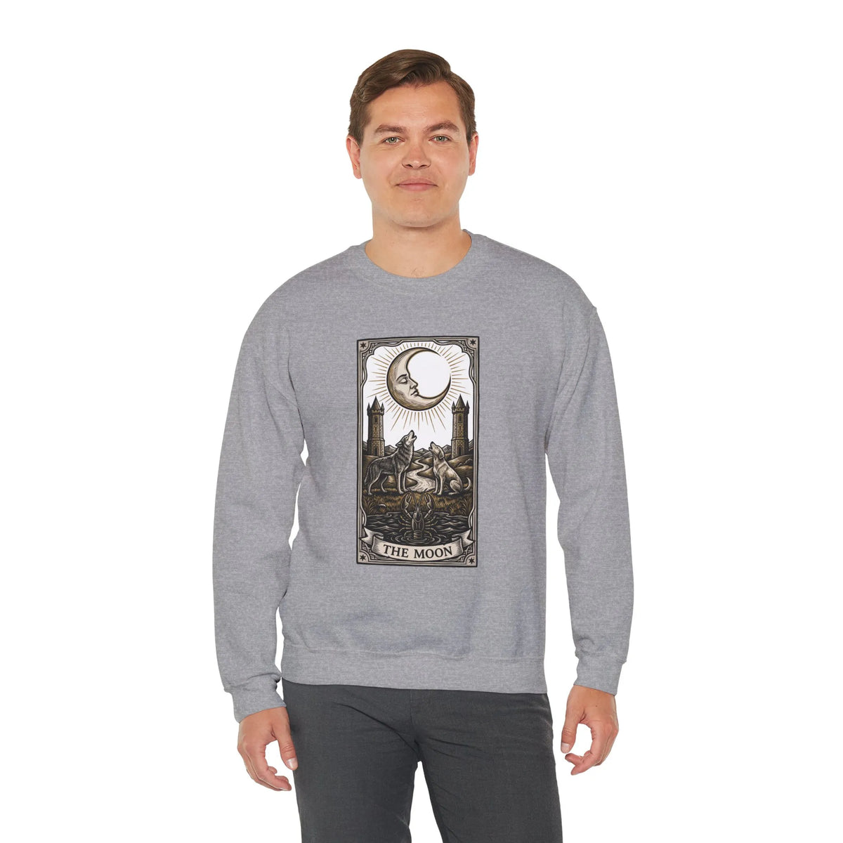 Moon Tarot Card Wolves Graphic Sweatshirt - Heavy Blend Fleece Crewneck - Unisex White