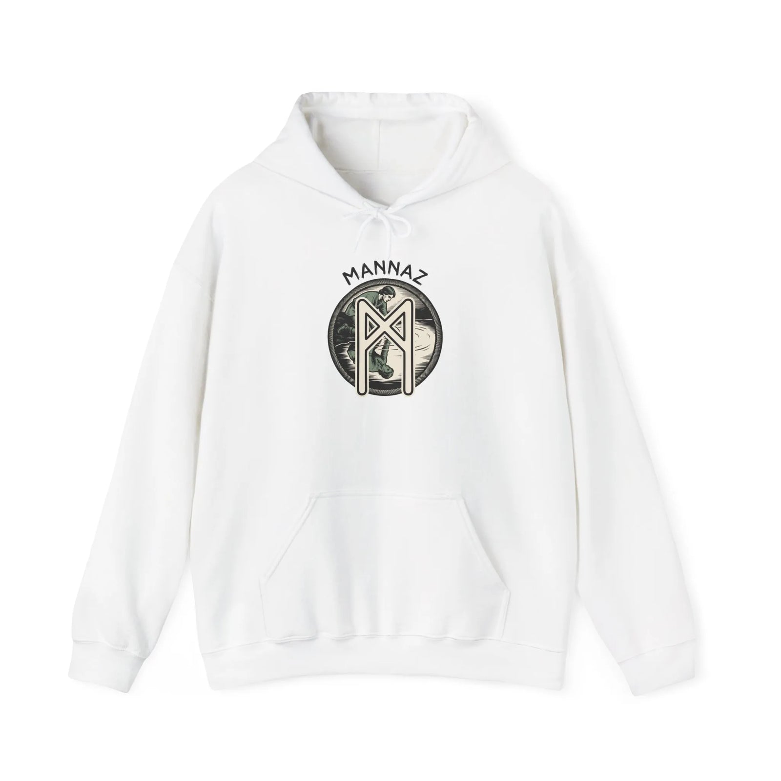 Mannaz Rune Symbol Graphic Hoodie - Heavy Blend Fleece Pullover - Unisex White