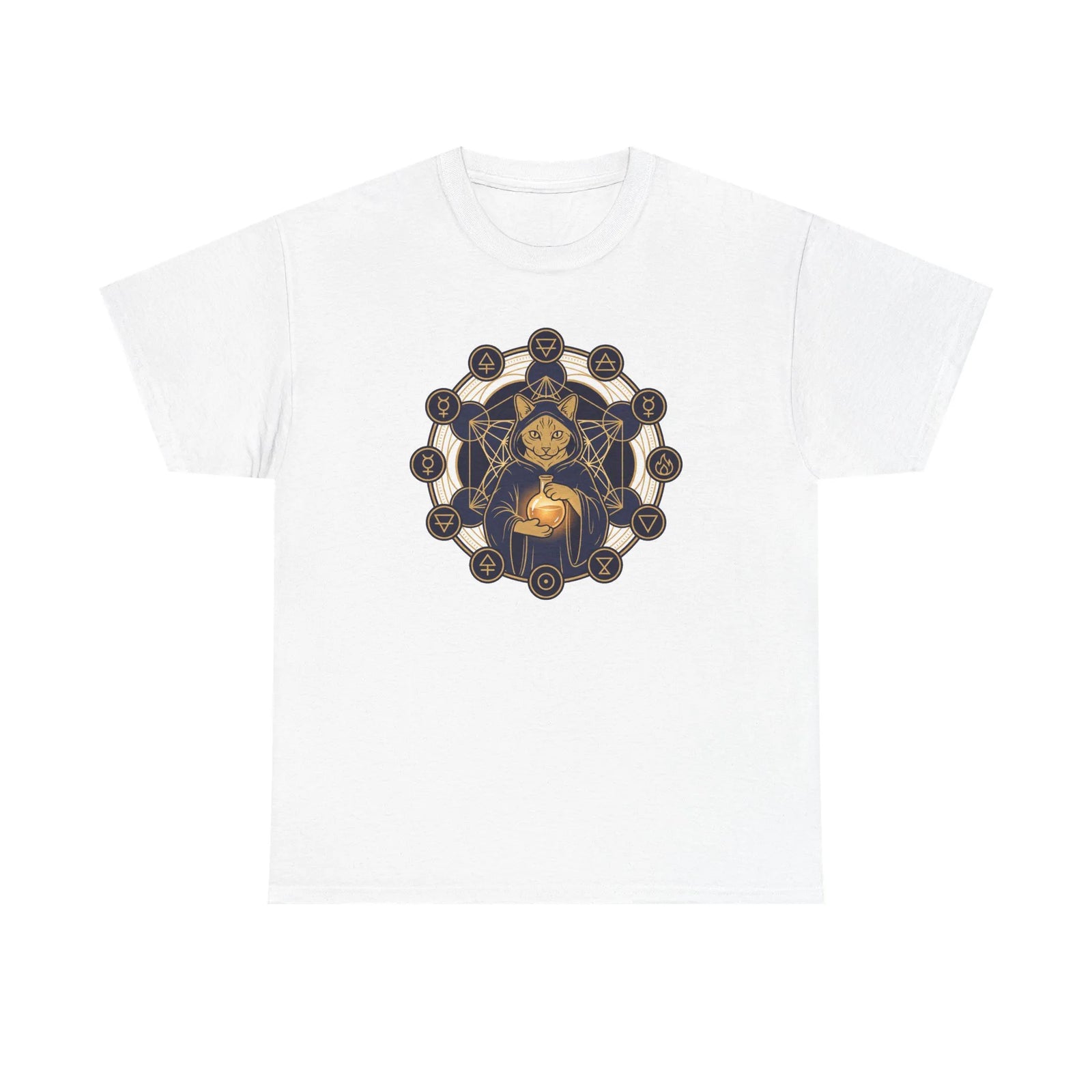 Alchemist Cat Sacred Geometry T-Shirt - Durable Heavy Cotton Tee - Unisex White