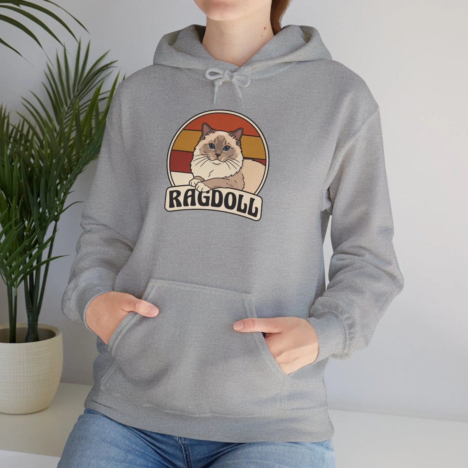 Ragdoll Cat Retro 70s Sunset Hoodie - Soft Blend Fleece Pullover Hoodie - Unisex White