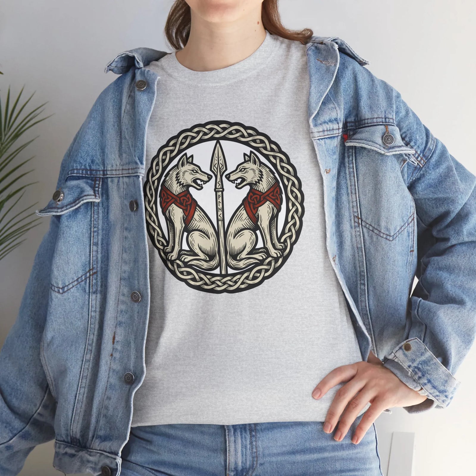 Geri and Freki Odin's Wolves Woodcut T-Shirt - Heavy Cotton Classic Fit Tee - Unisex White