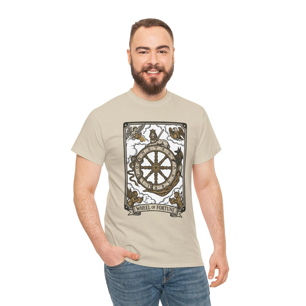 Wheel of Fortune Tarot Graphic T-Shirt - Heavyweight Cotton Classic Fit - Unisex White