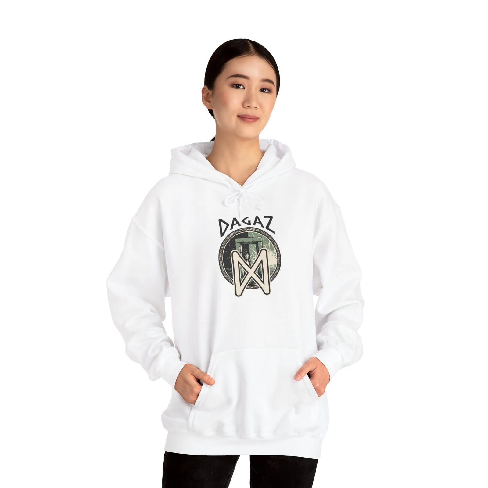 Dagaz Rune Threshold Graphic Hoodie - Soft Cotton Blend Pullover - Unisex White