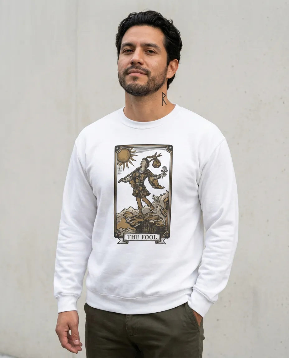 The Fool Tarot Card Graphic Sweatshirt - Heavy Blend Crewneck Fleece - Unisex White