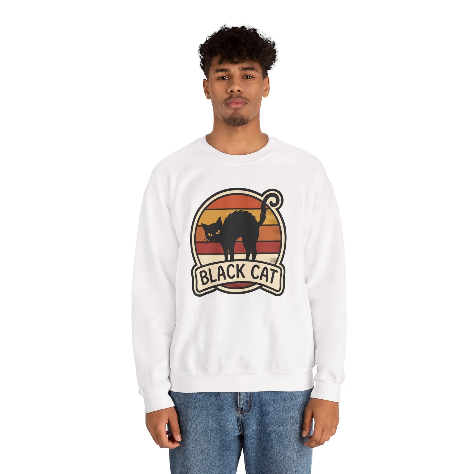 Black Cat Retro Sunset Sweatshirt - Heavy Blend Crewneck Fleece - Unisex White