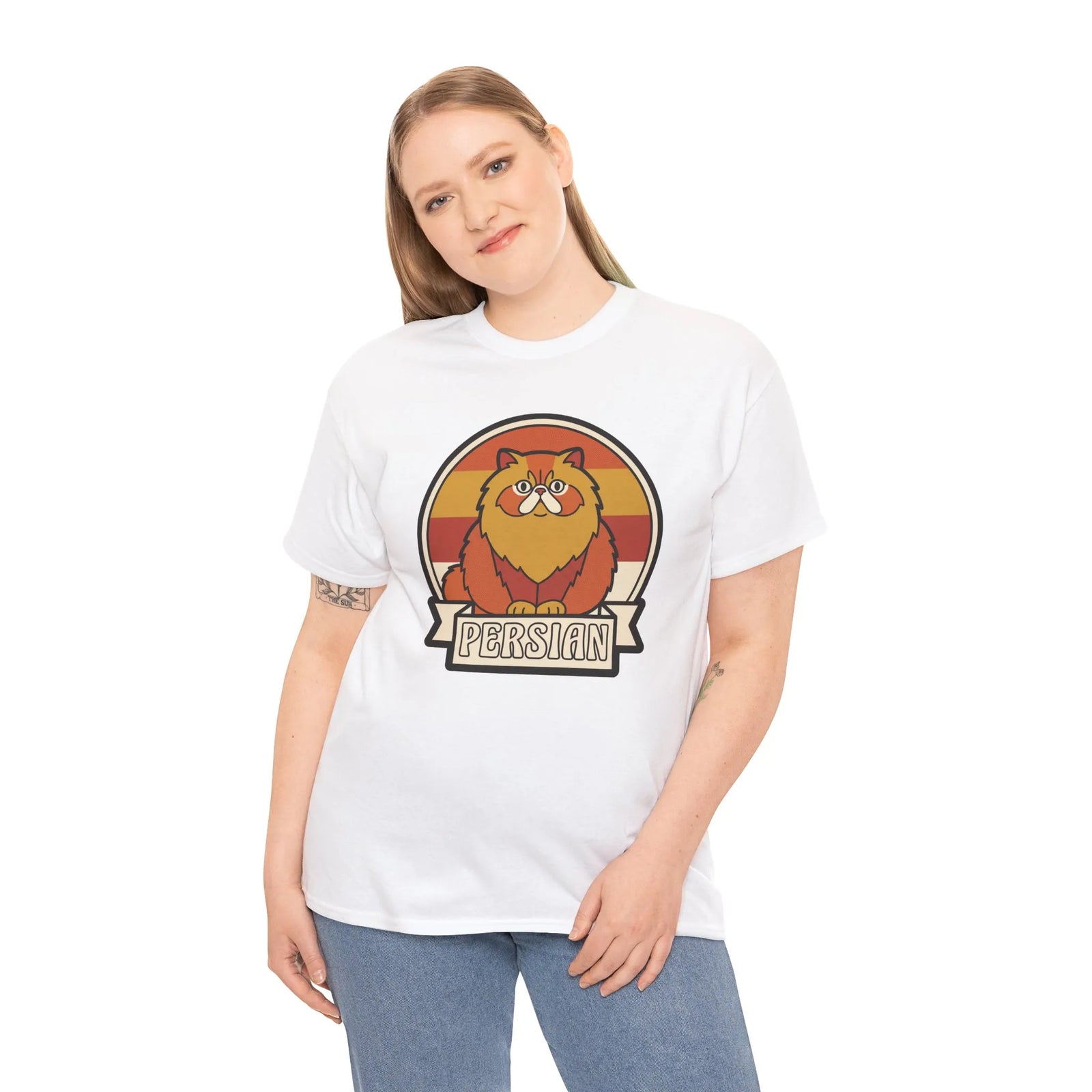Persian Cat Retro Sunset T-Shirt - Heavy Cotton Classic Fit Tee - Unisex White
