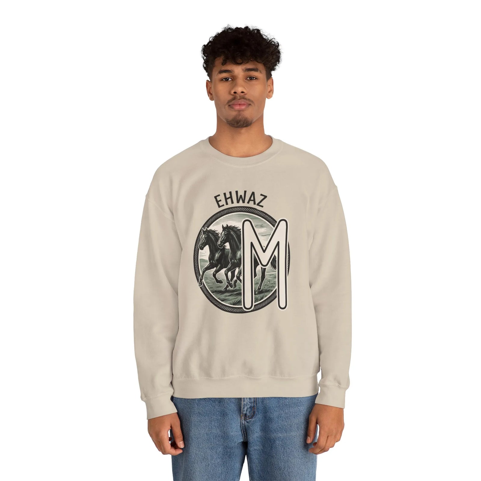 Ehwaz Divine Twins Horse Sweatshirt - Heavy Blend Cotton Blend Crewneck - Unisex White