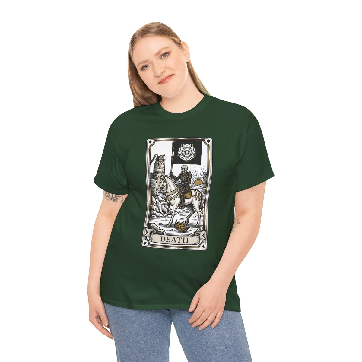 Death Tarot Card Knight Graphic T-Shirt - Heavyweight 100% Cotton Classic Fit Tee - Unisex White
