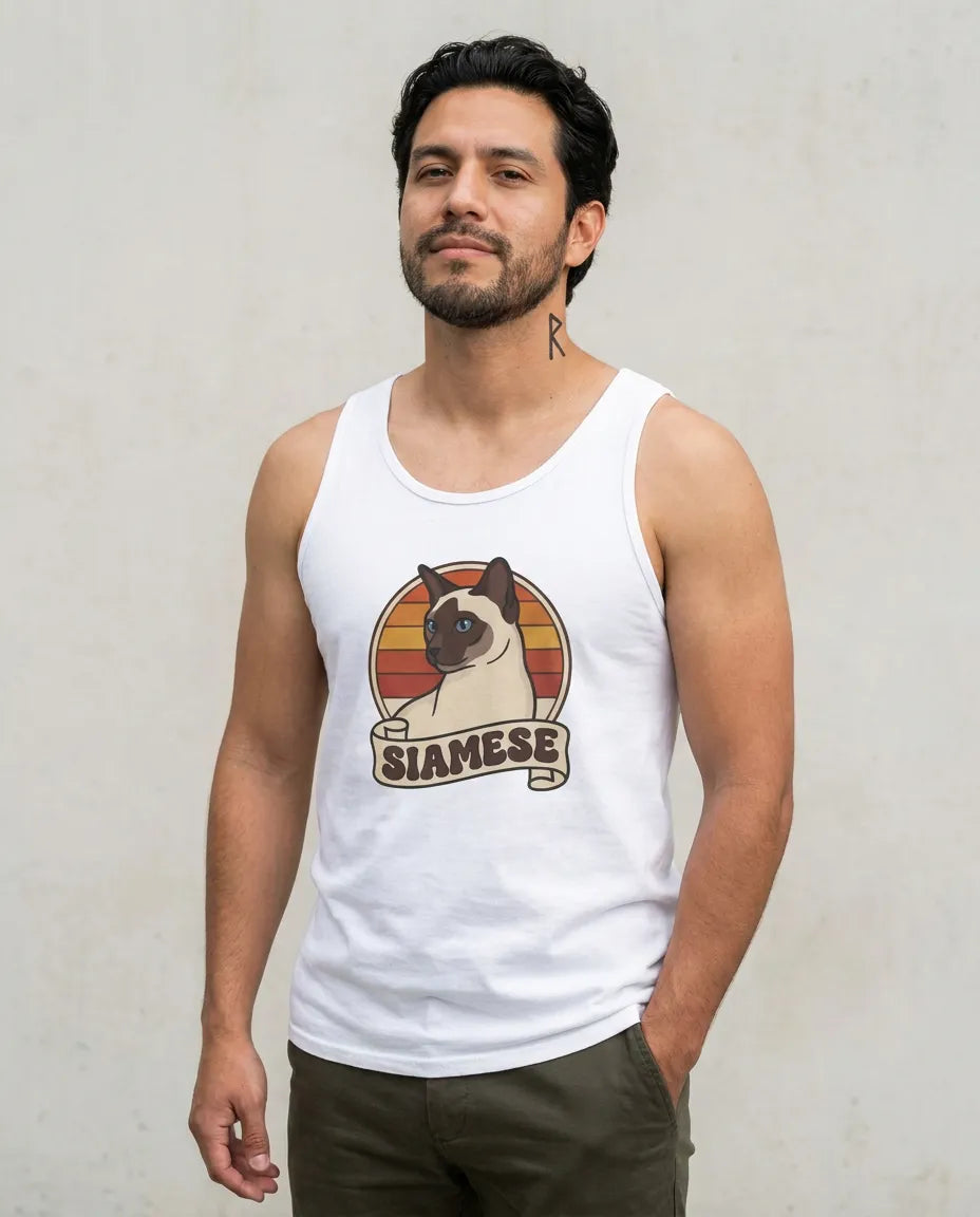 Retro 70s Sunset Siamese Cat Tank Top - Soft Lightweight Combed Cotton Tank - Unisex White