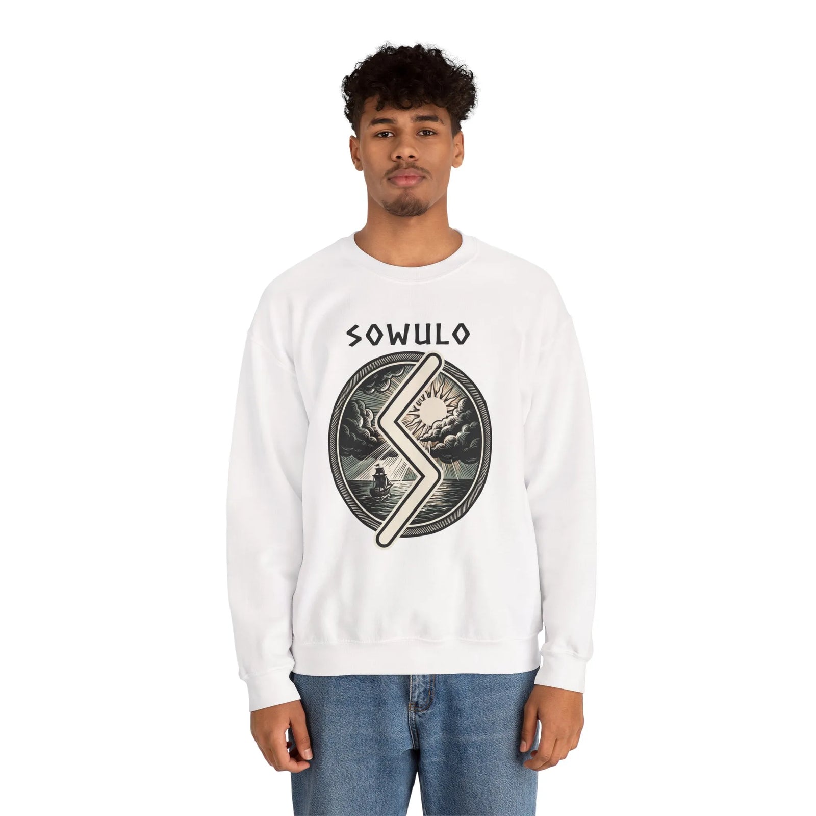 Sowulo Rune Sun Compass Sweatshirt - Heavy Blend Crewneck Fleece - Unisex White