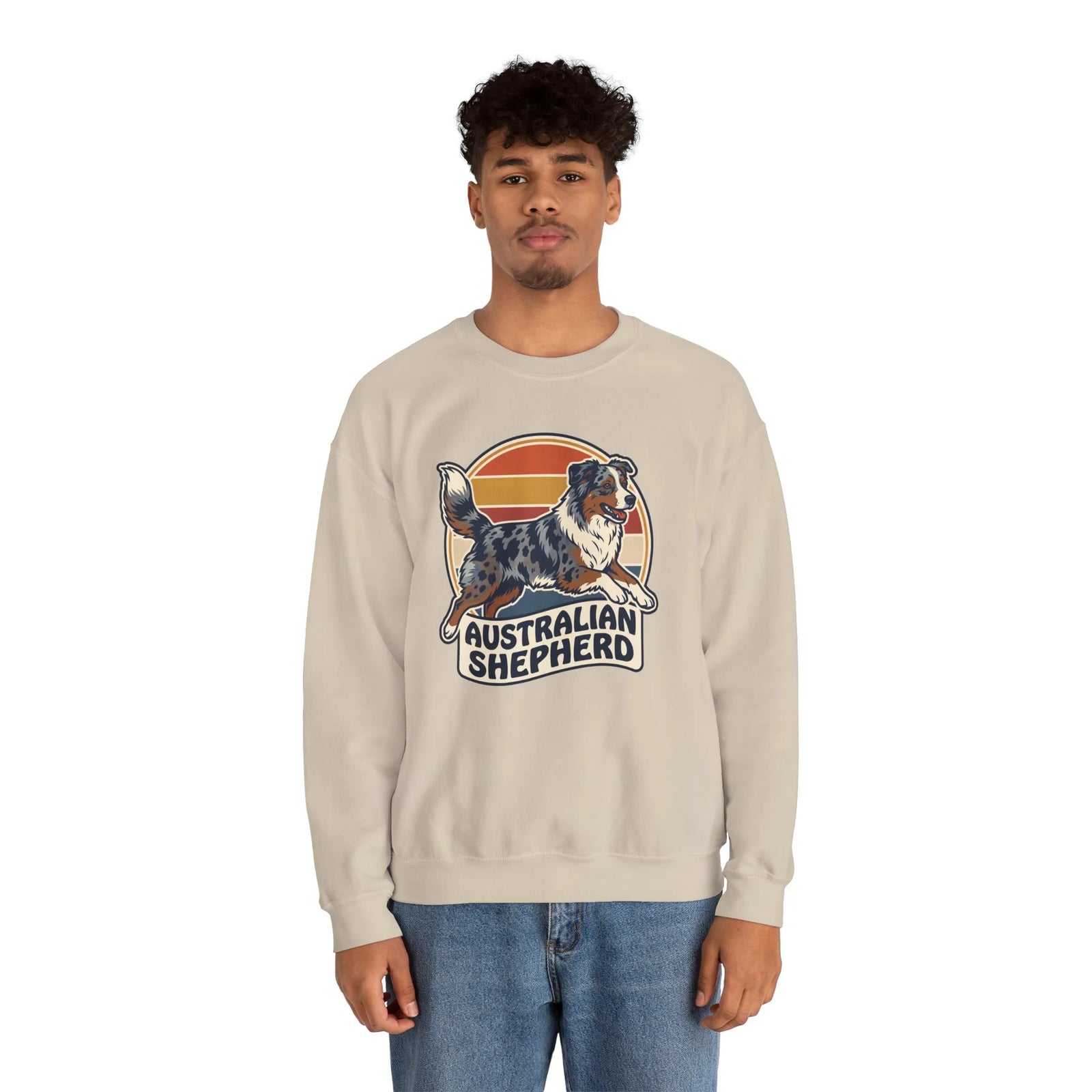 Australian Shepherd Retro 70s Sunset Sweatshirt - Heavy Blend Cotton Poly Crewneck - Unisex White