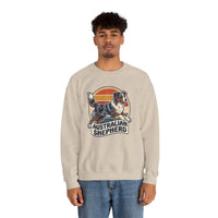 Australian Shepherd Retro 70s Sunset Sweatshirt - Heavy Blend Cotton Poly Crewneck - Unisex White