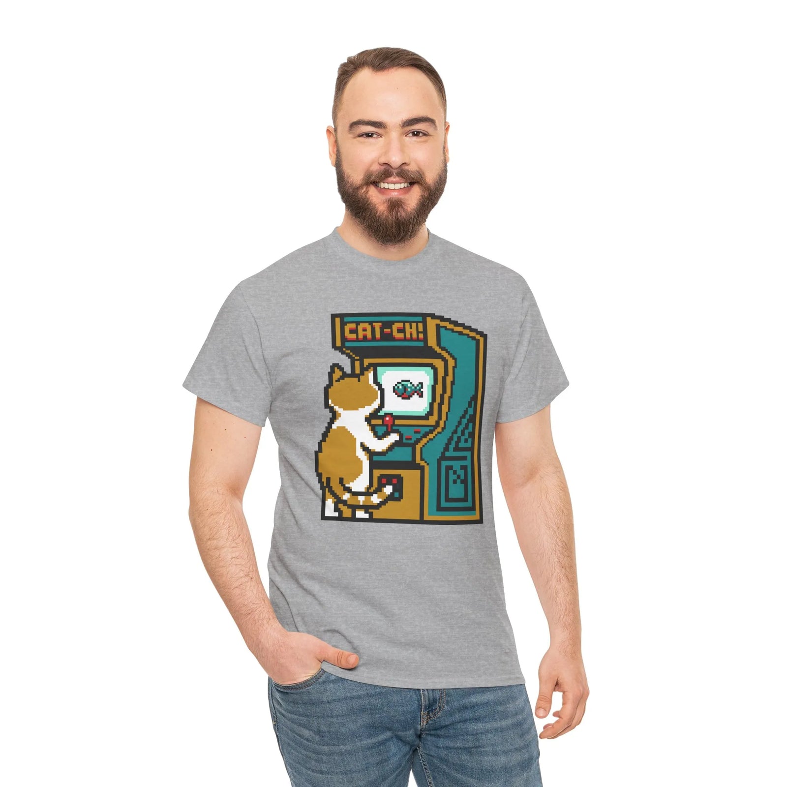 8-Bit Pixel Gaming Cats Arcade T-Shirt - Heavy Cotton Classic Fit Tee - Unisex White