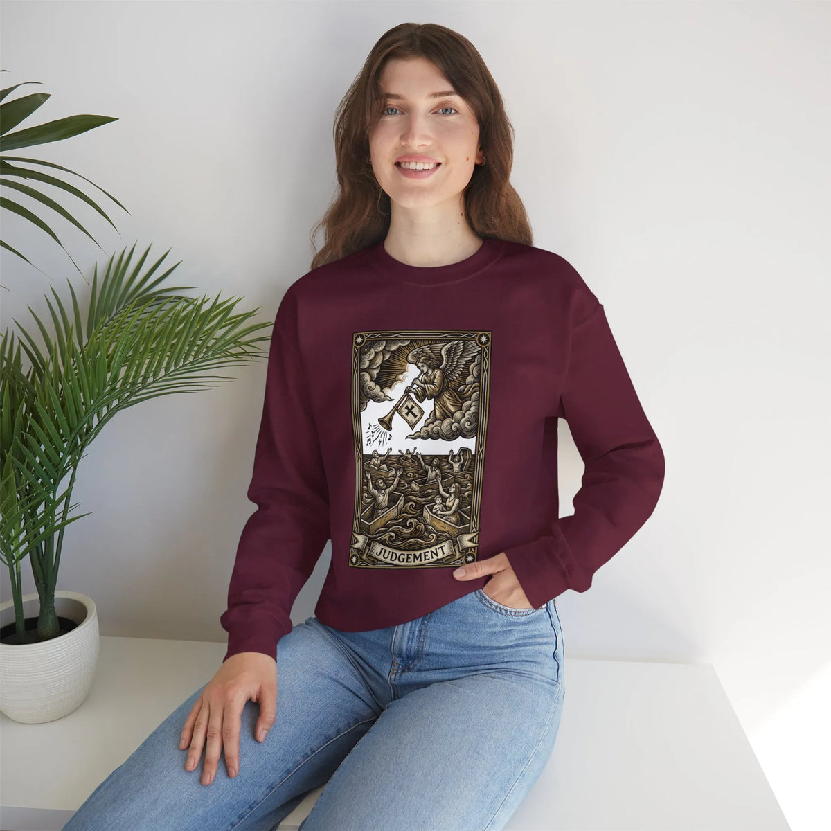 Judgement Tarot Card Graphic Sweatshirt - Heavy Blend Classic Fit Crewneck - Unisex White