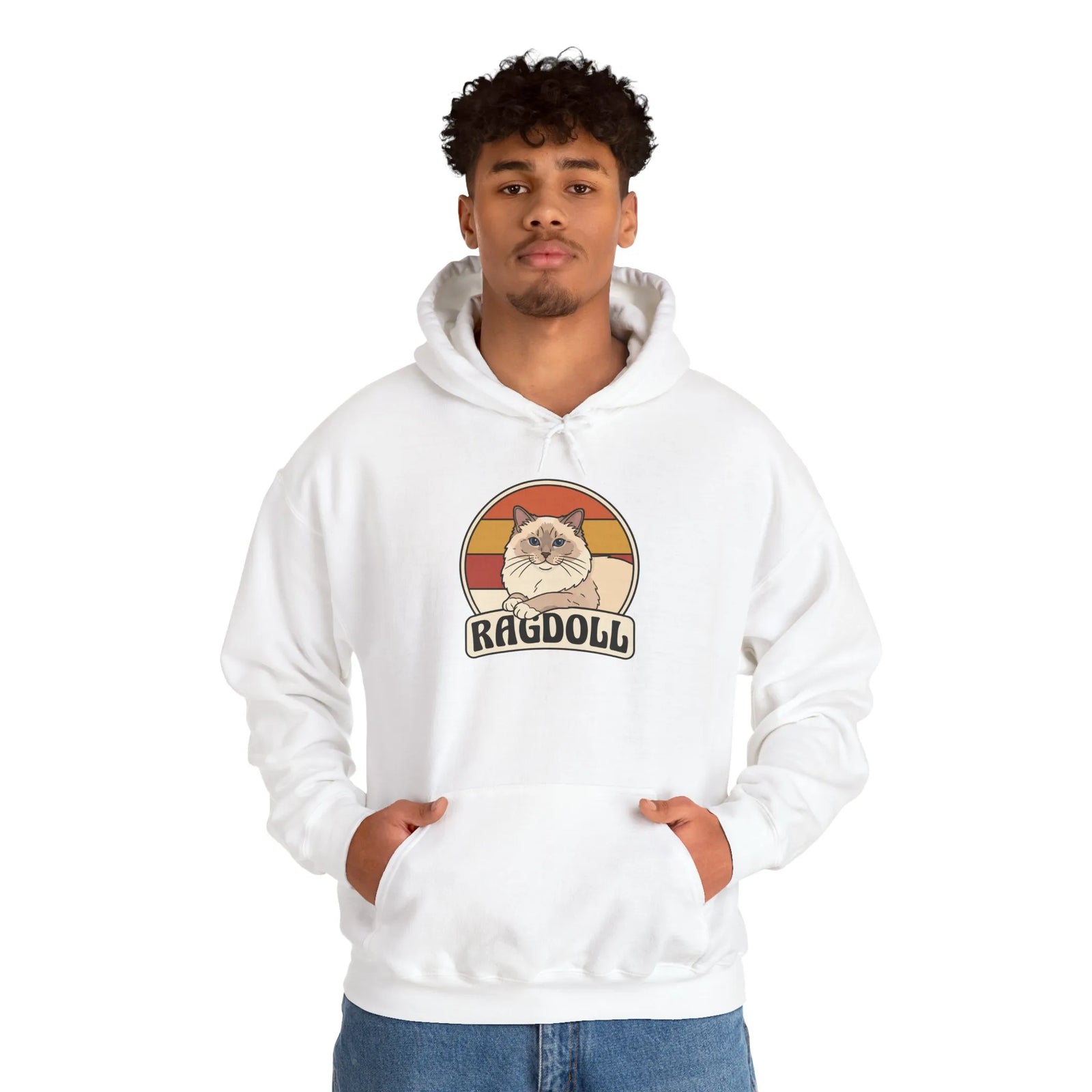 Ragdoll Cat Retro 70s Sunset Hoodie - Soft Blend Fleece Pullover Hoodie - Unisex White