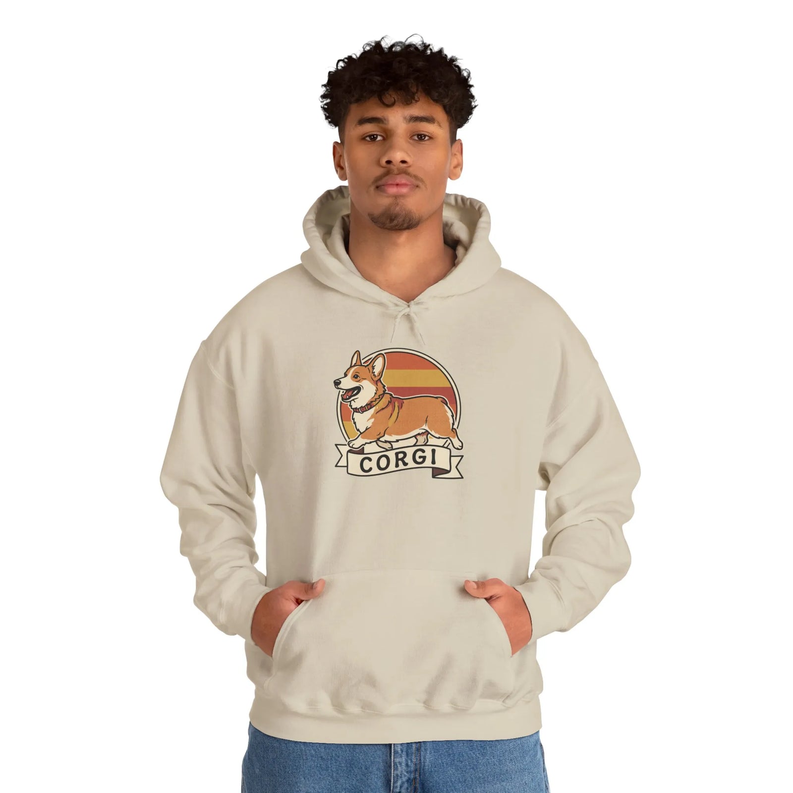 Corgi Retro 70s Sunset Graphic Hoodie - Soft Cotton-Poly Blend Pullover - Unisex White