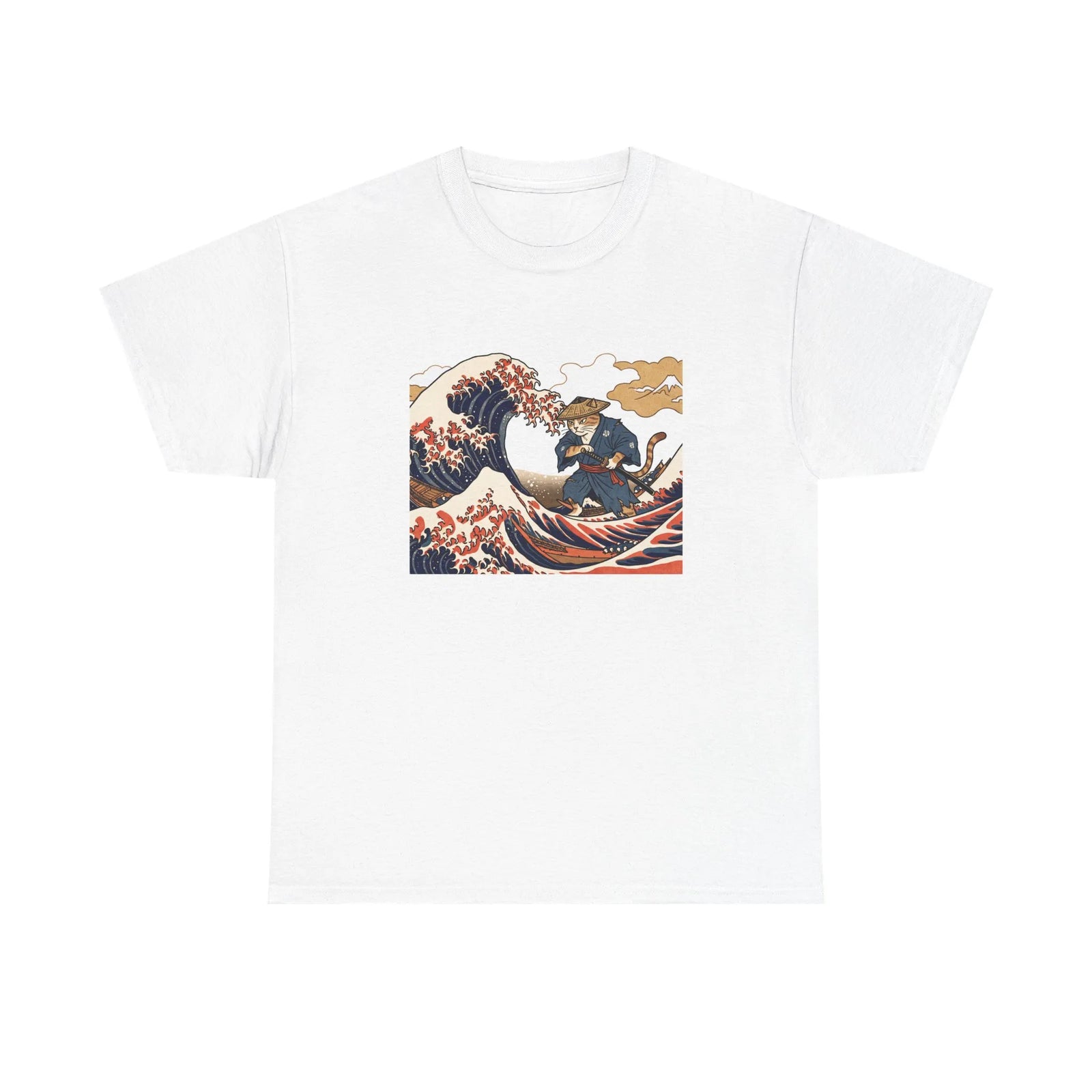 Ronin & Wave Ukiyo-e Cat T-Shirt - Heavy Cotton Classic Fit Tee - Unisex White