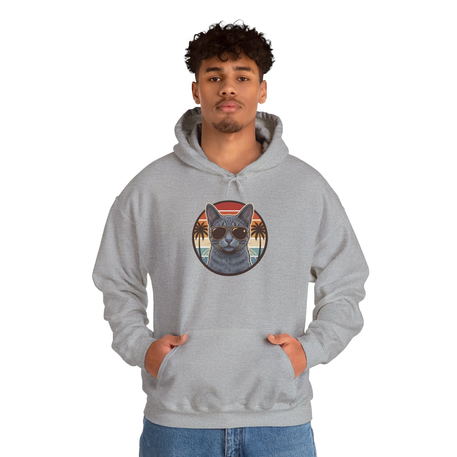 Russian Blue Aviator Cat 70s Sunset Hoodie - Soft Blend Fleece Pullover - Unisex White