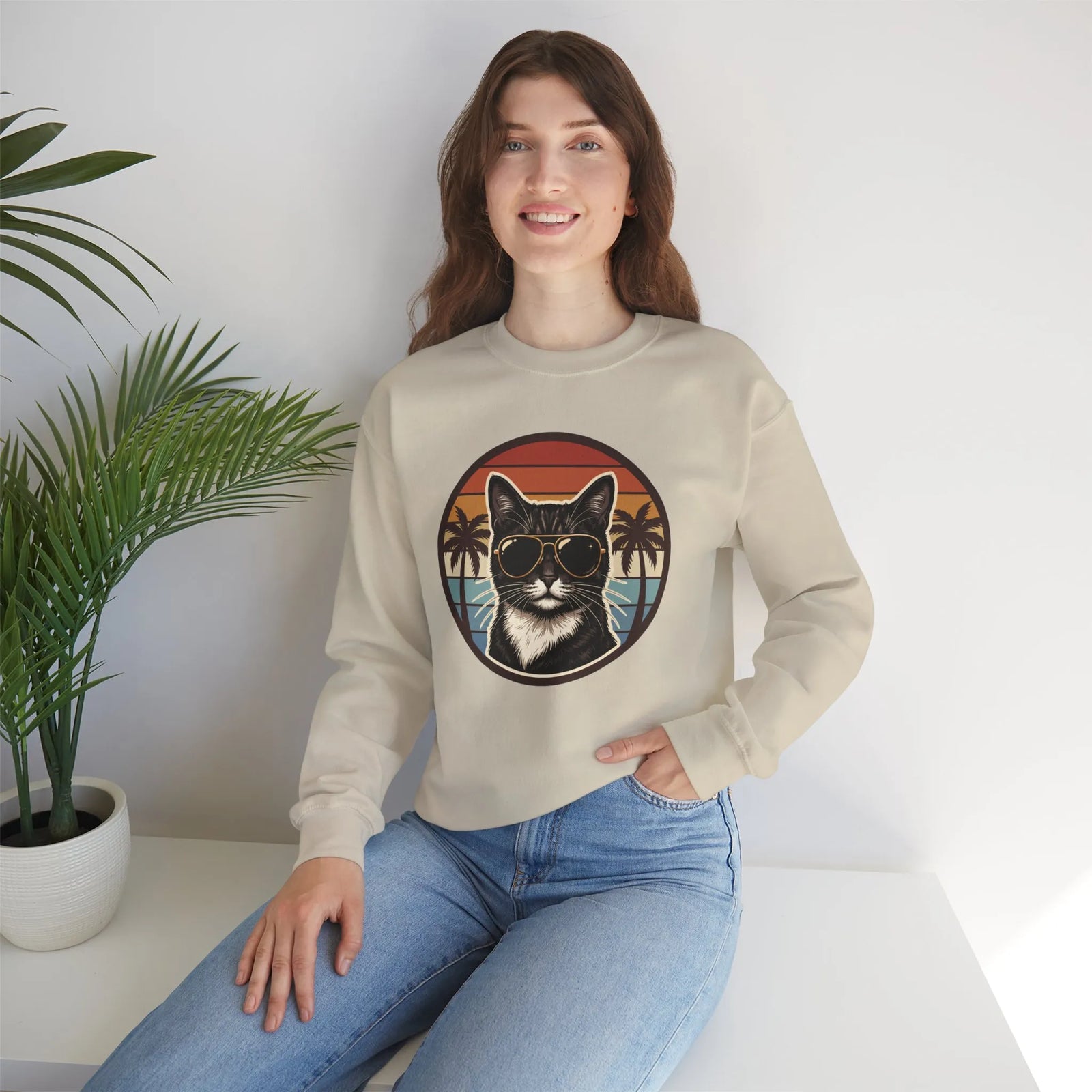 Tuxedo Cats 70s Sunset Sweatshirt - Heavy Blend Fleece Crewneck - Unisex White
