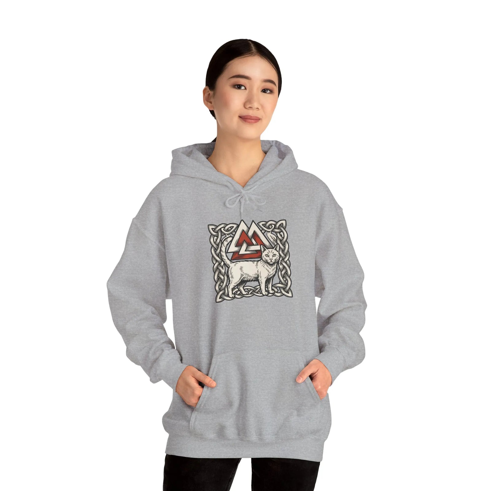 Valknut Cat Freyja's Sacred Cats Hoodie - Medium Weight Cotton Blend Pullover - Unisex White