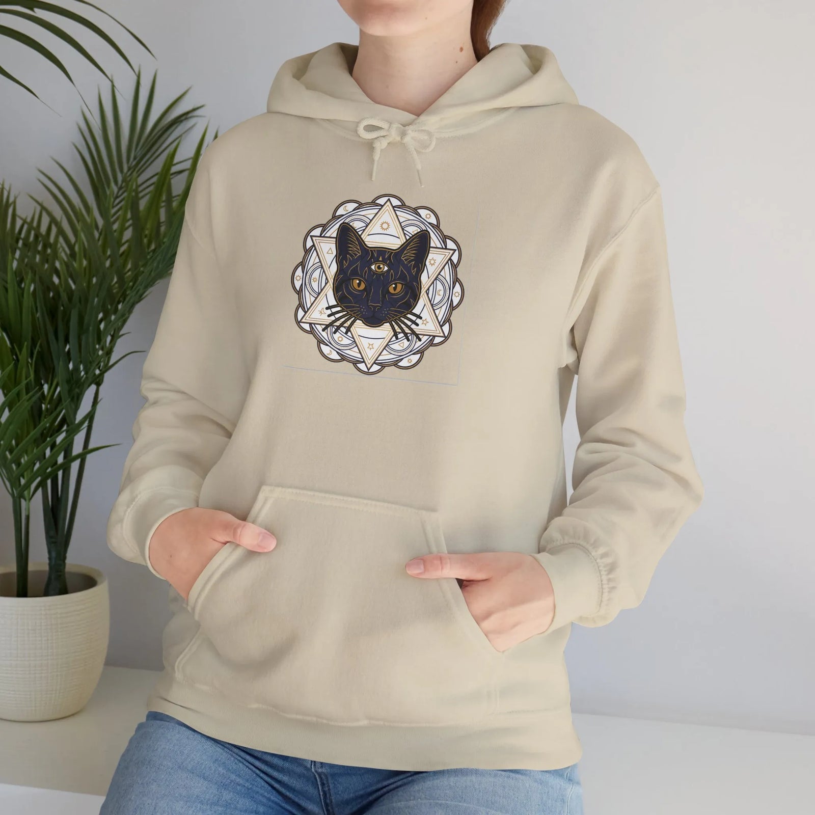 Third Eye Sacred Geometry Alchemist Cat Hoodie - Heavy Blend Fleece Pullover - Unisex White