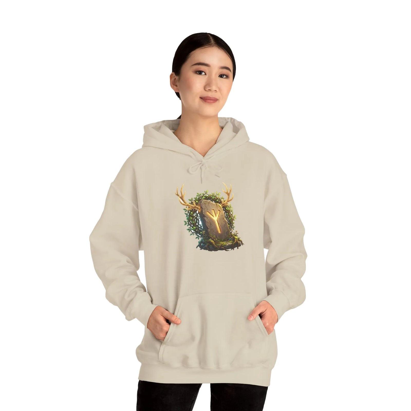 Elhaz Protection Rune Antler Hoodie - Heavy Blend Cotton Blend Pullover - Unisex White