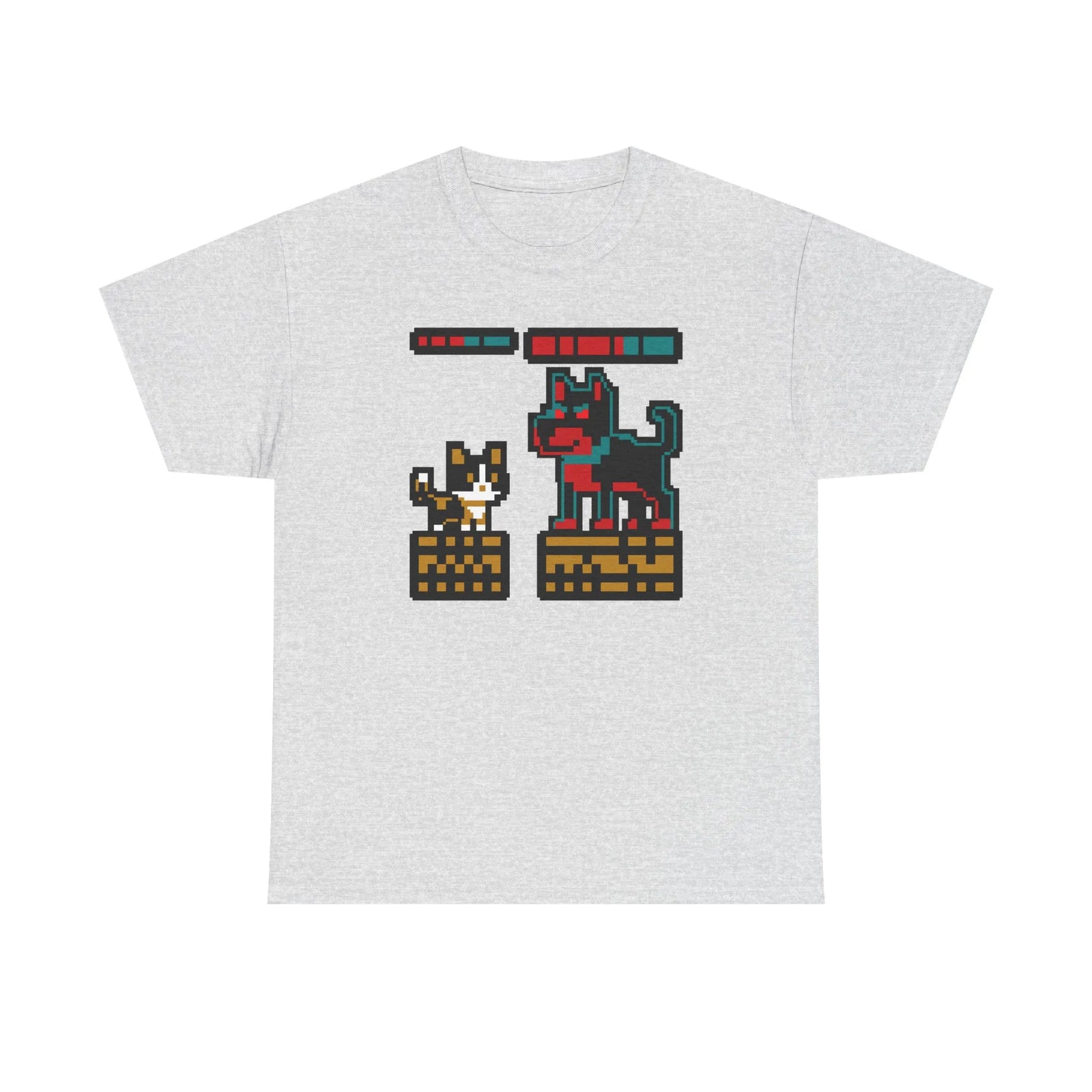8-Bit Pixel Gaming Cats Boss Fight T-Shirt - Heavy Cotton Classic Fit Tee - Unisex White