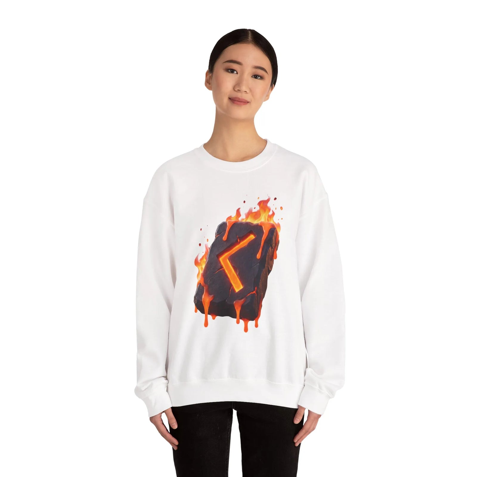 Kenaz Rune Fire Graphic Sweatshirt - Heavy Blend Fleece Crewneck - Unisex White
