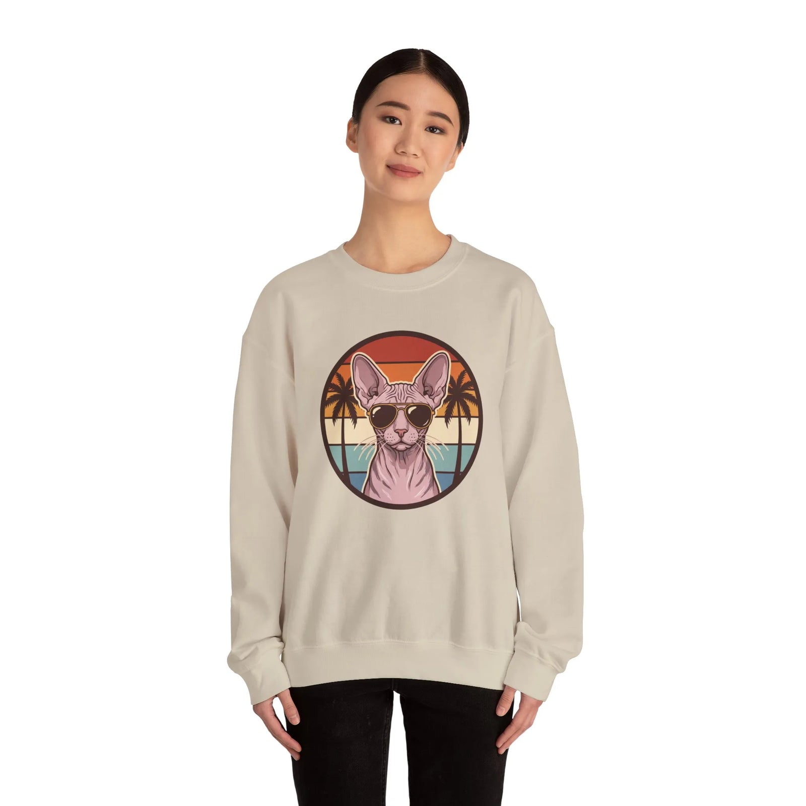 Sphynx Cat 70s Sunset Aviator Sweatshirt - Heavyweight Cotton Blend Crewneck - Unisex White
