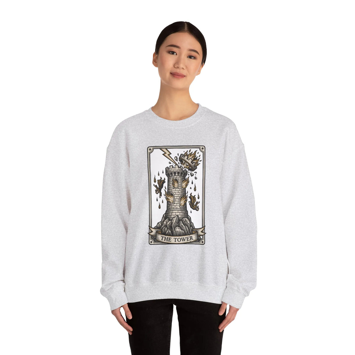 The Tower Tarot Card Sweatshirt - Heavy Blend Fleece Crewneck - Unisex White