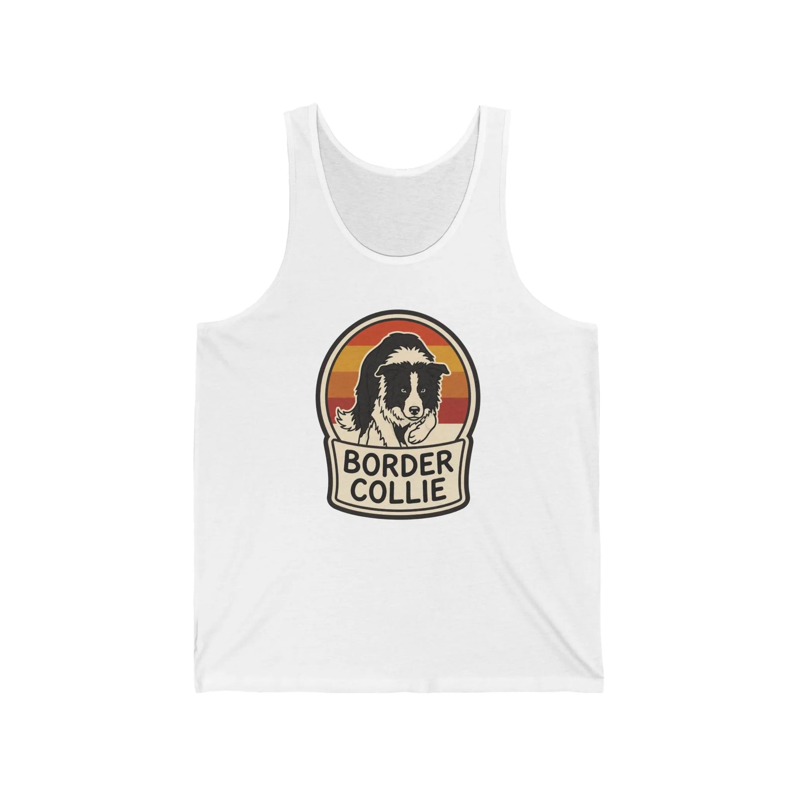 Border Collie Retro 70s Sunset Tank Top - Soft Lightweight Cotton Jersey - Unisex White