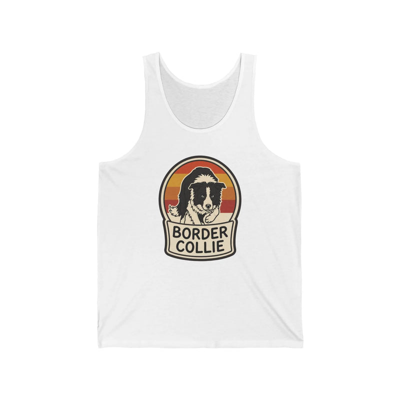Border Collie Retro 70s Sunset Tank Top - Soft Lightweight Cotton Jersey - Unisex White