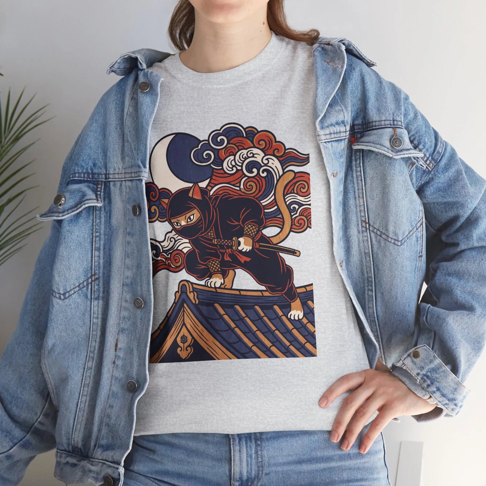 Ukiyo-e Samurai Cat Ninja T-Shirt - 100% Cotton Classic Fit Tee - Unisex White