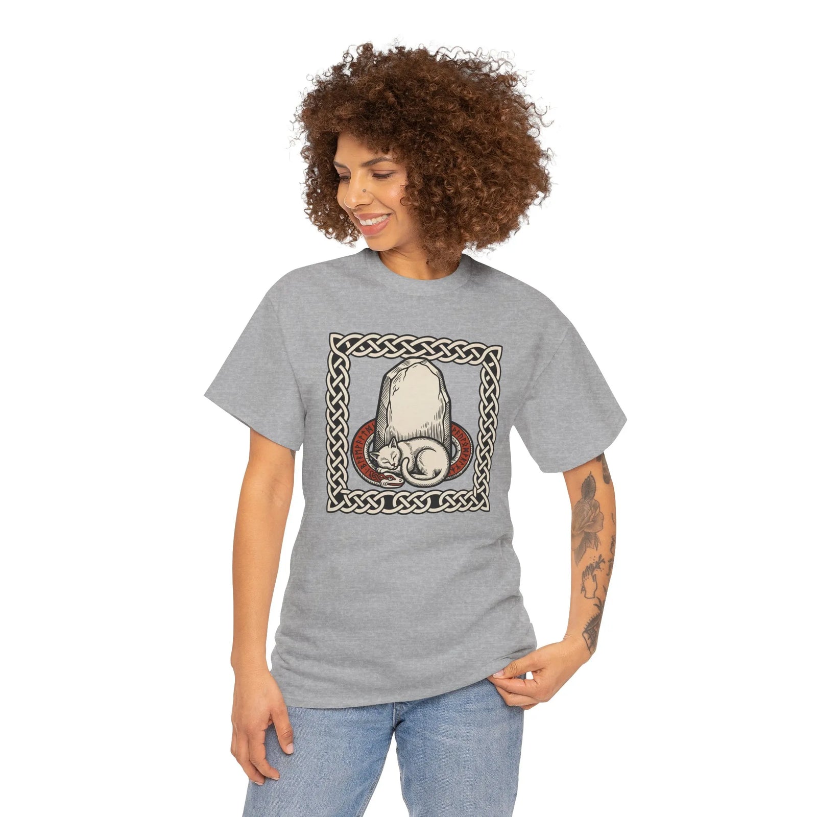 Freyja's Sacred Cat Runestone T-Shirt - Heavy Cotton Classic Fit Tee - Unisex White