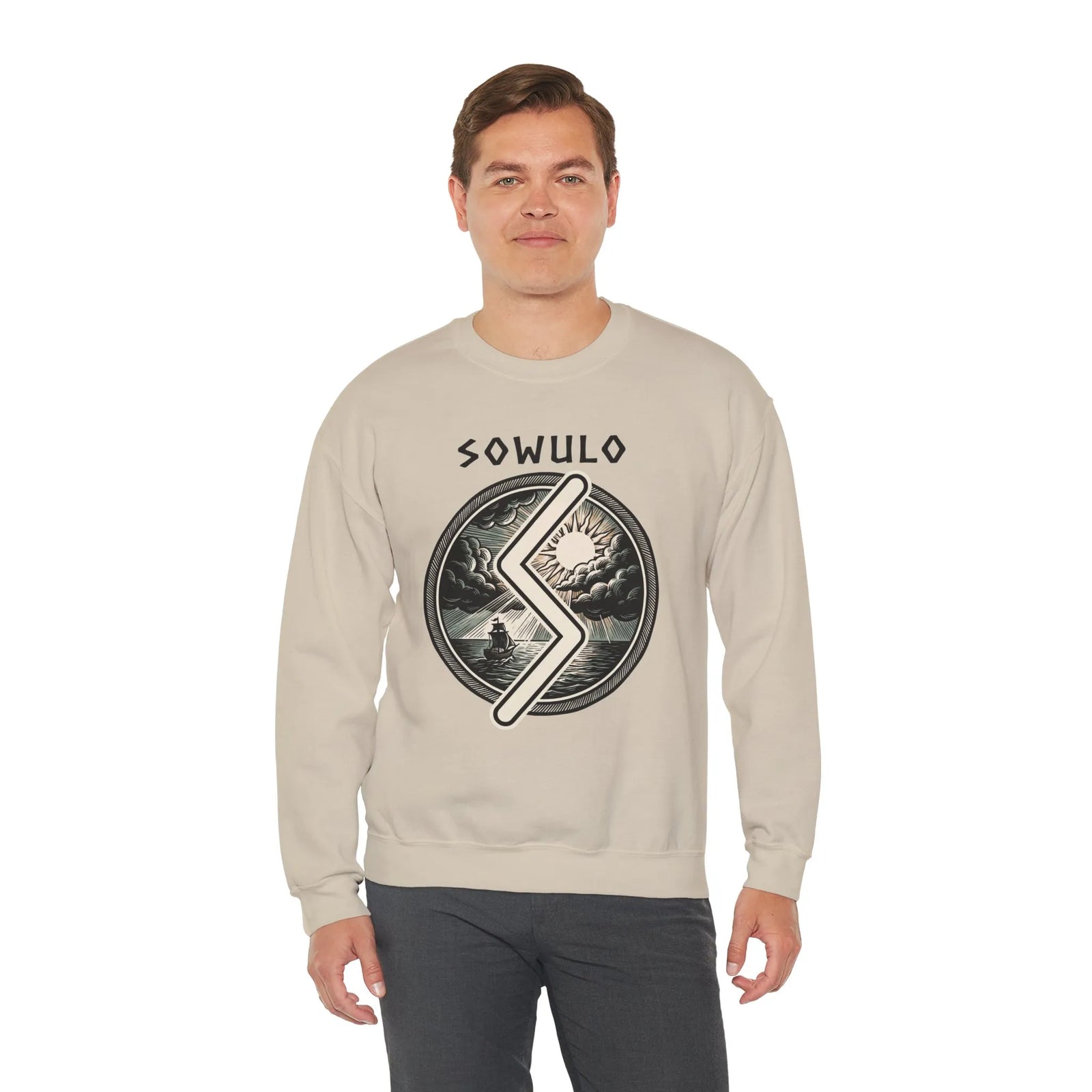 Sowulo Rune Sun Compass Sweatshirt - Heavy Blend Crewneck Fleece - Unisex White